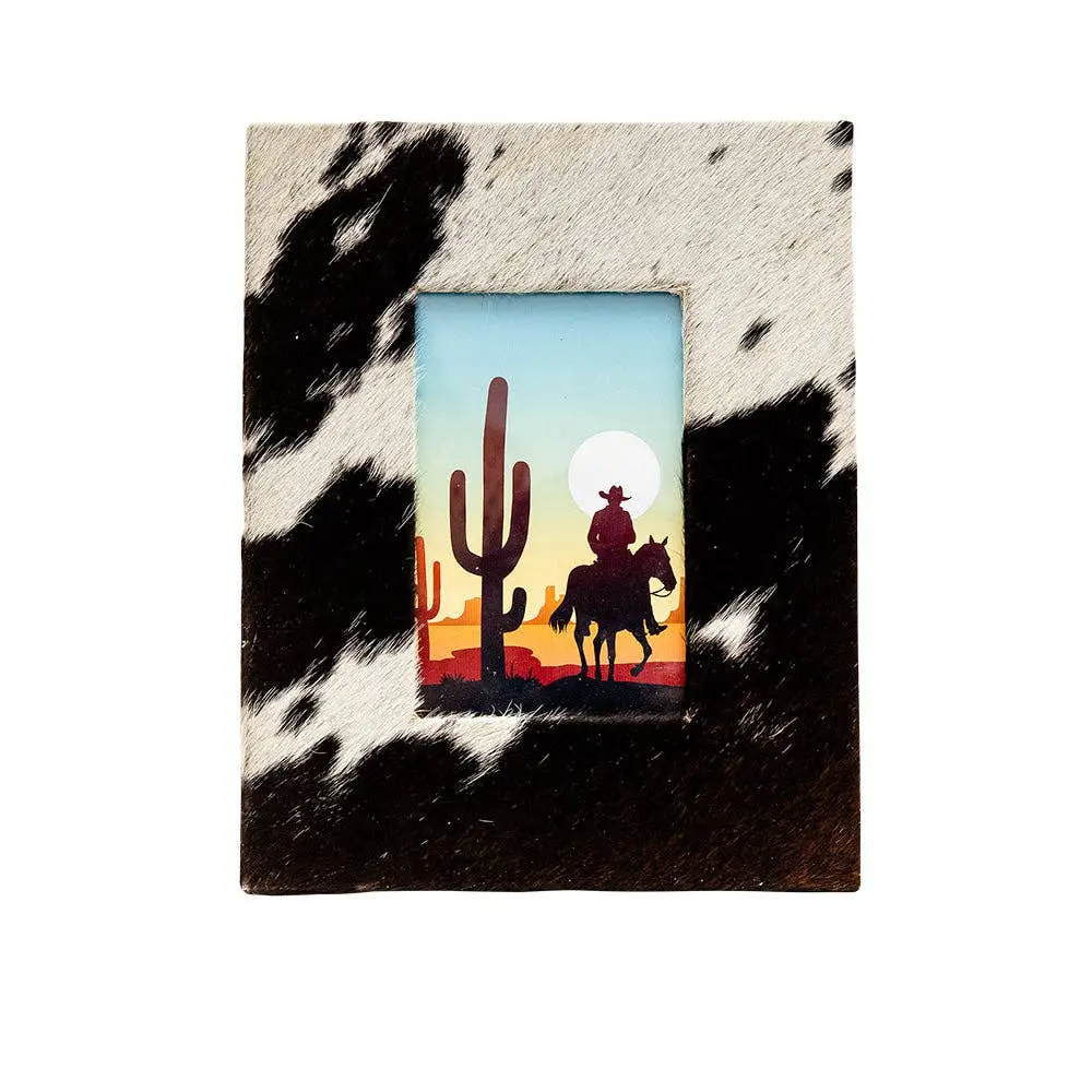 Myra Western Hairon & Wood Photo Frame - Natural Cowhide Print, Wood Home Decor, Room Decor Accessory