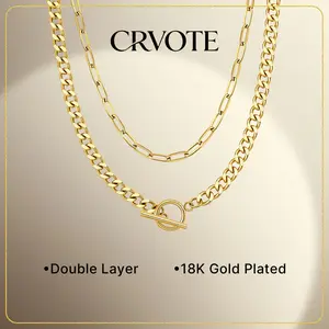 CRVOTE 18K Gold Plated Layered Necklace for Women, Paperclip and Cuban Link Chain with Front Toggle Clasp