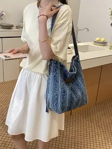 New Korean Style Vertical Stripe Vintage Denim Tote Bag, Adjustable Strap Large Capacity Shoulder Bag, Retro Washed Design Commuter Laptop Bag
