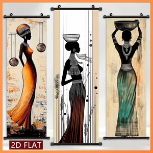 3-Piece African Silhouette HD Print Plastic Scroll Art, Traditional Decorative Wall Hanging Canvas, Living Room & Bedroom Decoration