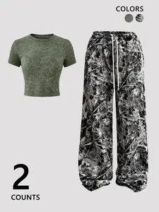 Women's Casual Loose-Fitting Wide Leg Crop Set, Plain Pattern Design, Perfect for Daily Wear & Stylish, Ideal Gift Choice
