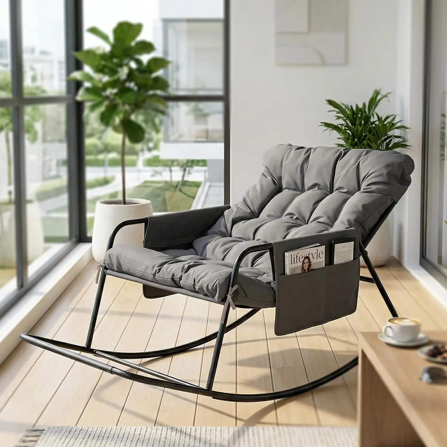 VINGLI Outdoor Oversized Rocking Chair, Patio Lounge Rocker with Thick Soft Cushion, Outdoor Rocking Chair with Extra Storage Bag, All Season Lounge Chair for Porch Indoor Backyard Garden(1PC)