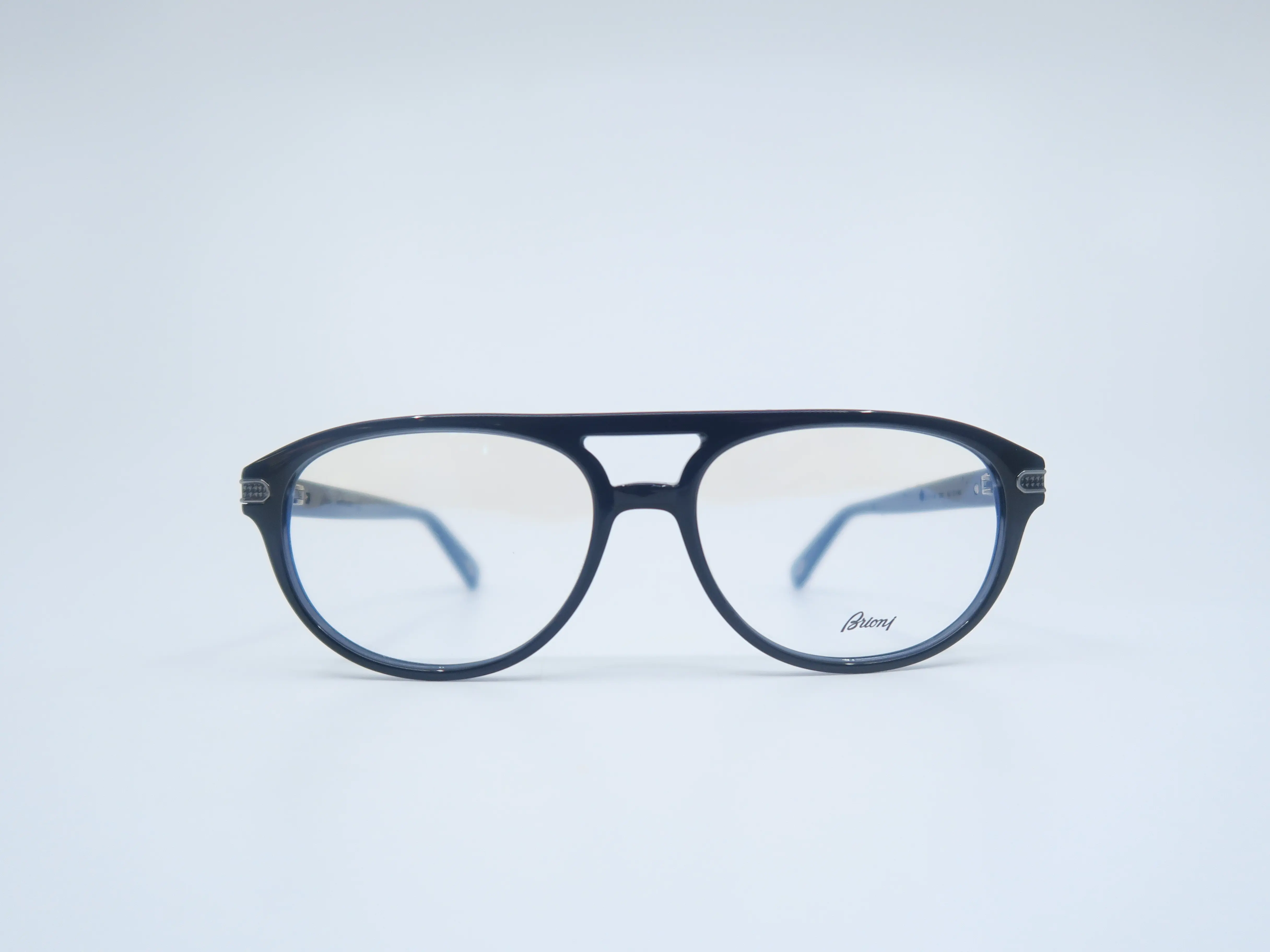 Brioni BR 0043O 002 Men's Black Pilot Eyeglasses Frames - 56mm, Double Bridge, Acetate, Black Sapphire Gloss, Brioni Printed Lenses (New), Solid, Retro Aviator Frames, Daily Wear, Full Rim