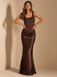 Brown Lace Patchwork Satin Waist Sexy Sheer Dress, Brown Dress, Wedding Guest Dress, Lace Dress, Elegant Dress,Graduation Dress,