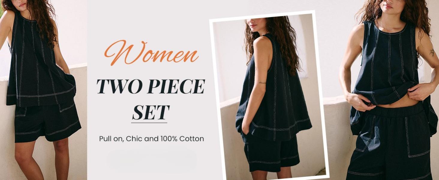 Yeokou Women's 2 Piece Outfits Sleeveless Matching Sets A Line Tank Tops Contrast Stitching High Waist Shorts with Pockets, 2 Piece Sets, Women 2 Piece Sets,summerwins