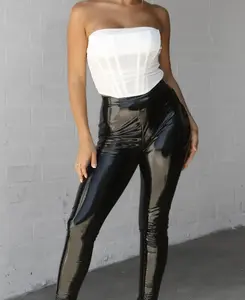 High Waist Smooth Shiny Vinyl Skinny Pants with Zipper Closure - Women's Bottoms - Womenswear Style Fit