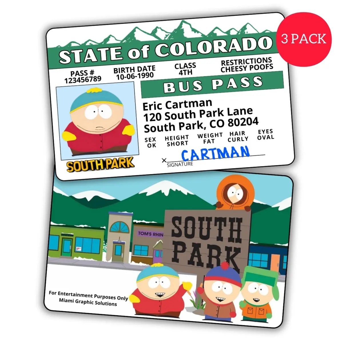 Eric Cartman Bus Pass ID South Park (3 pack)