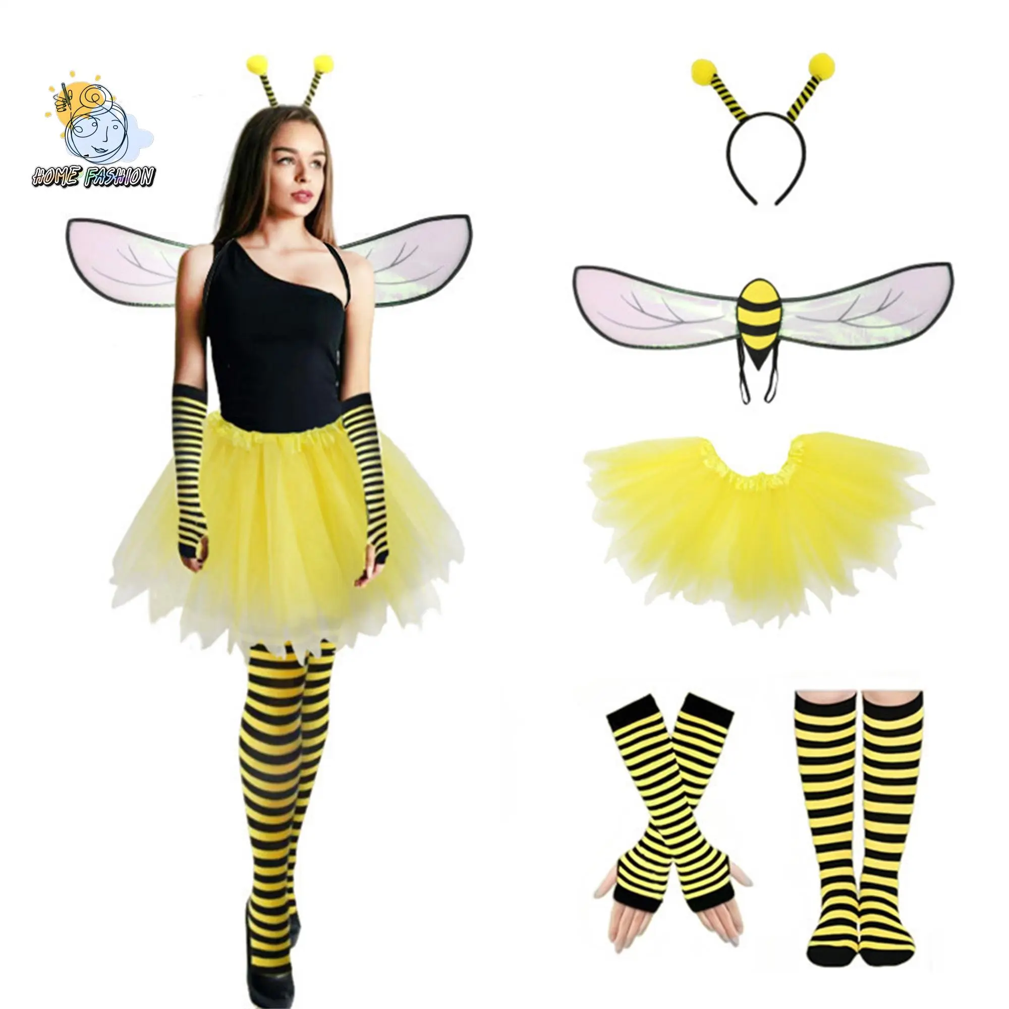 Women's Polyester Bee Print Clothes Set, Cute Bee Wings, Tulle Skirt, Stripe Gloves, Socks, Headband Accessories for Cosplay, Party Elegance Outfits (Festive & Party Supplies)
