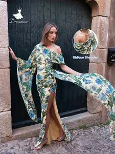 Elegant One-Shoulder Slit Floral Print Chiffon Evening Gown, Perfect for Wedding Guests, Garden Parties, Formal Dinners, Tie Events