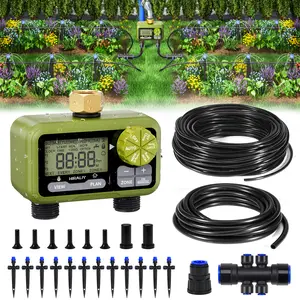 HIRALIY 50FT Drip Irrigation Kit with Garden Water Timer-2 Zone, Automatic Garden Watering System for Raised Bed, Quick Connect Design, Irrigation System for Plant Patio