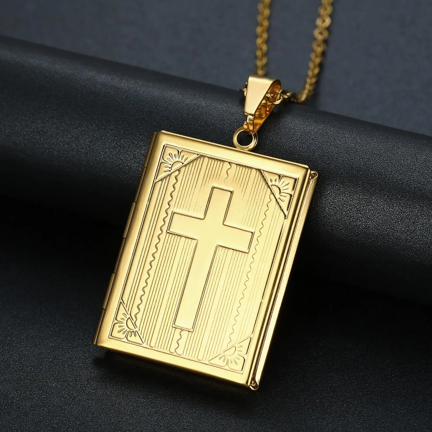 Stainless Steel Retro Geometric Holy Book Locket Necklace with Cross, Unisex Gold Statement Chain, Anniversary Gift, Stainless Steel Jewelry, Elegant Fashion Chain & Link Accessory
