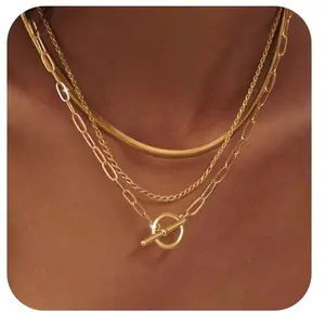 Gold Layered Toggle Necklaces for Women: Dainty Link Chain Necklaces Paperclip Cuban Rope Adjustable Choker T-Bar Toggle Clasp Chunky Necklaces for Women Trendy Jewelry Greenish Spring