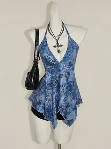 Women's Bohemian Floral Blue Summer Cami Top, Butterfly Print Sheer off Shoulder Vacation Blouse, Stylish Summer Fashion, Elegant Sleeveless Cami