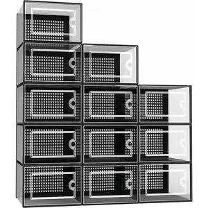 X-Large Shoe Storage Boxes Organizers Clear Plastic Stackable 12 Pack, Shoe Rack & Holder Substitute, Sneaker Containers, Toy Storage Organizer Bins for Entryway, Closet, Under Bed, Black