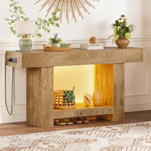 63" Entryway Table, Wood Console Table with Charging Station, Extra Long Sofa Table, Narrow Hallway Foyer Table for Entryway, Hallway, Living Room, Natural Wood summergarden