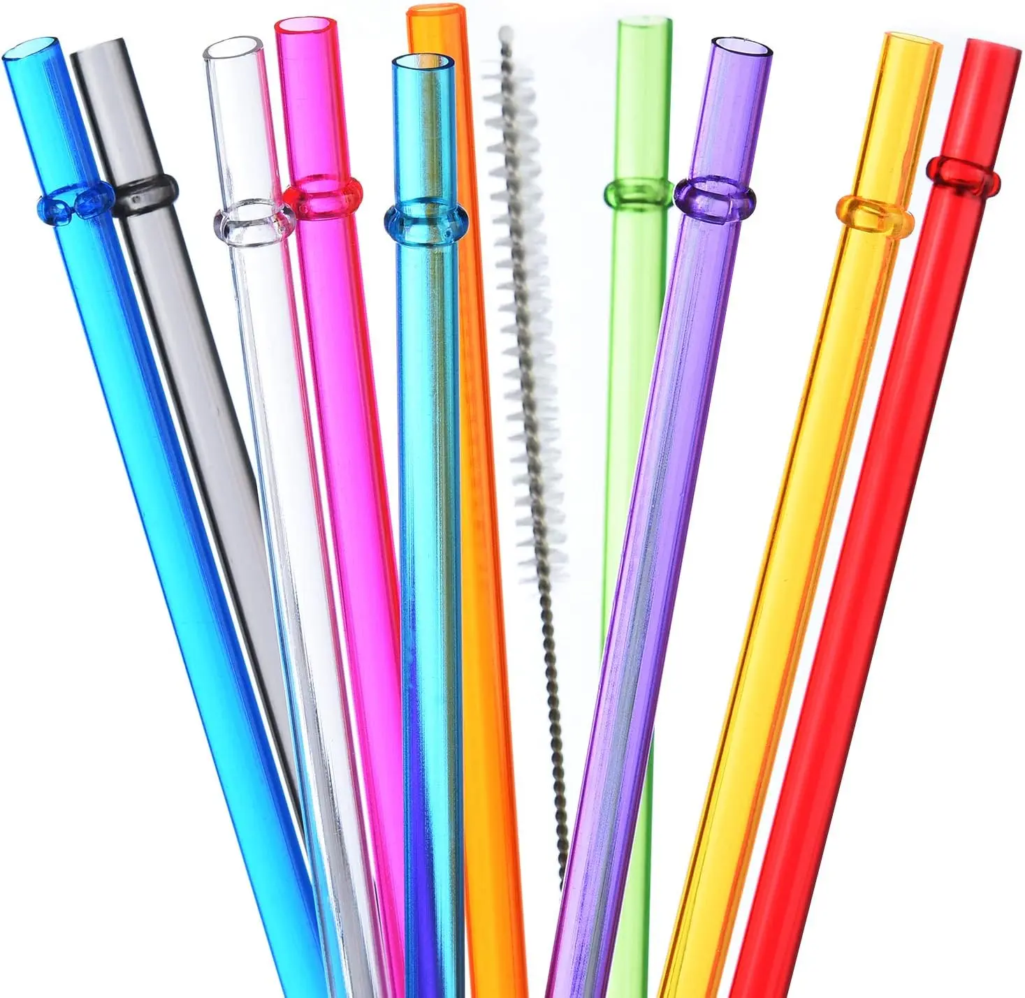 10.5 in Long Rainbow Colored  Tritan Plastic Replacement Straws for 16 OZ 20 OZ 30 OZ , YETI,  Tumblers, Set of 10 with Cleaning Brush