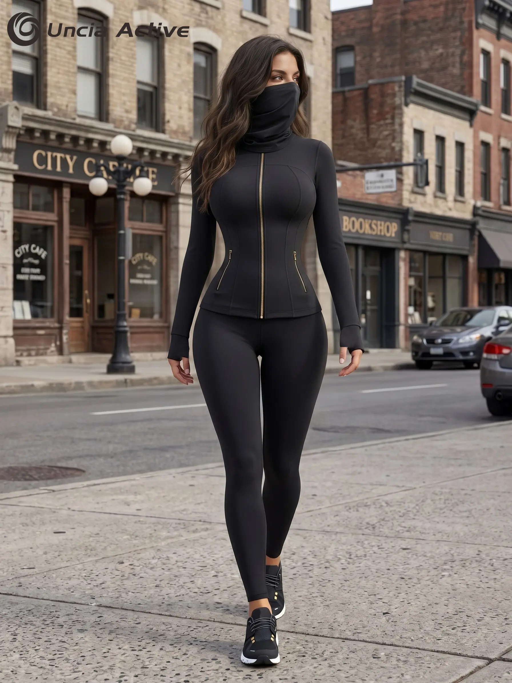 Women Curvy Zip Up Stand Collar Training Jacket & Shaping Hip Lift Full Length Leggings | Uncia Active Outdoor Activewear Set with Windproof Neck Gaiter