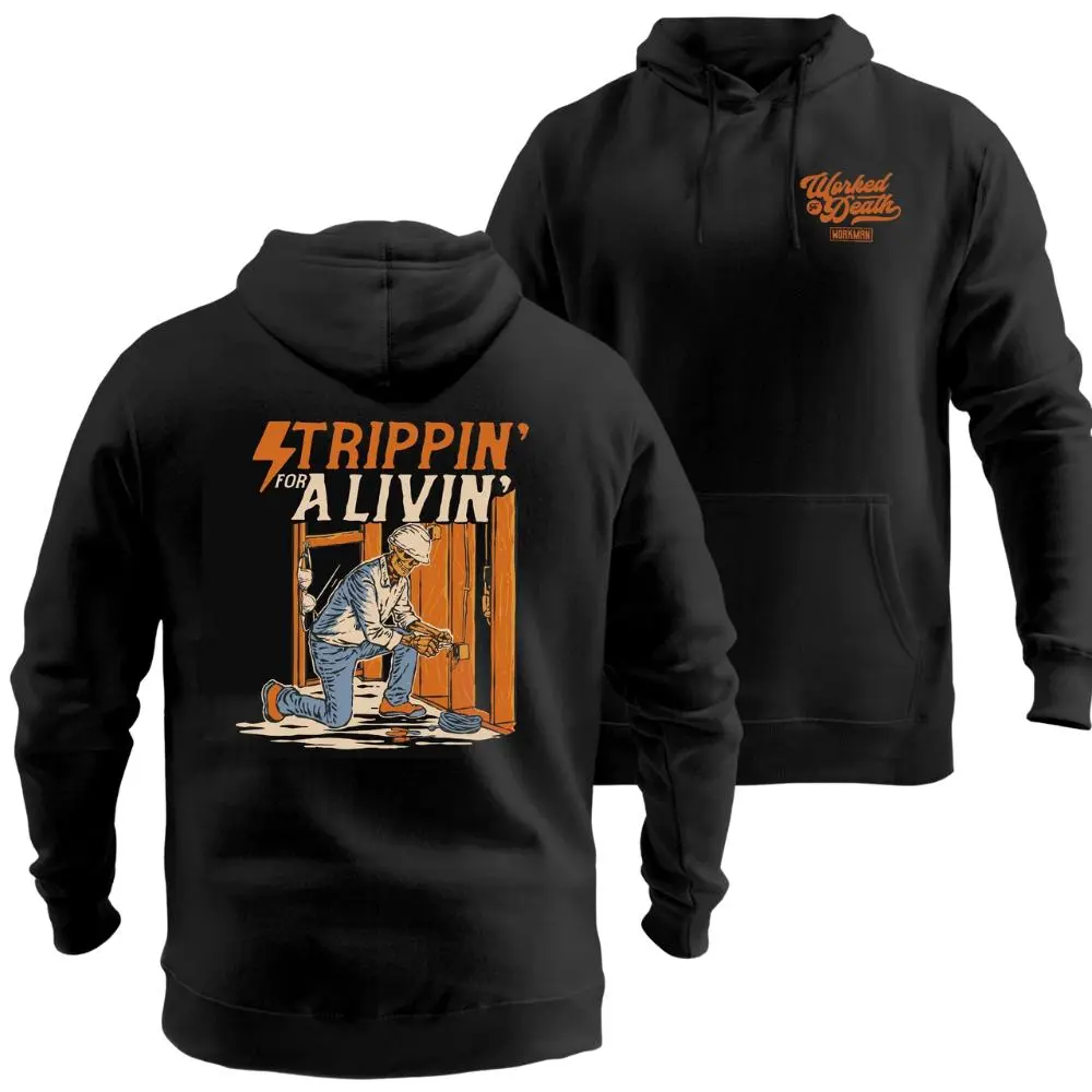 Electrician Humor Hoodie, Strippin' For A Livin' Skeleton Wiring Graphic with Bold Orange Text, Funny Blue Collar Pullover for Men, Gift for Union Electricians and Jobsite Workers. Casual Classic