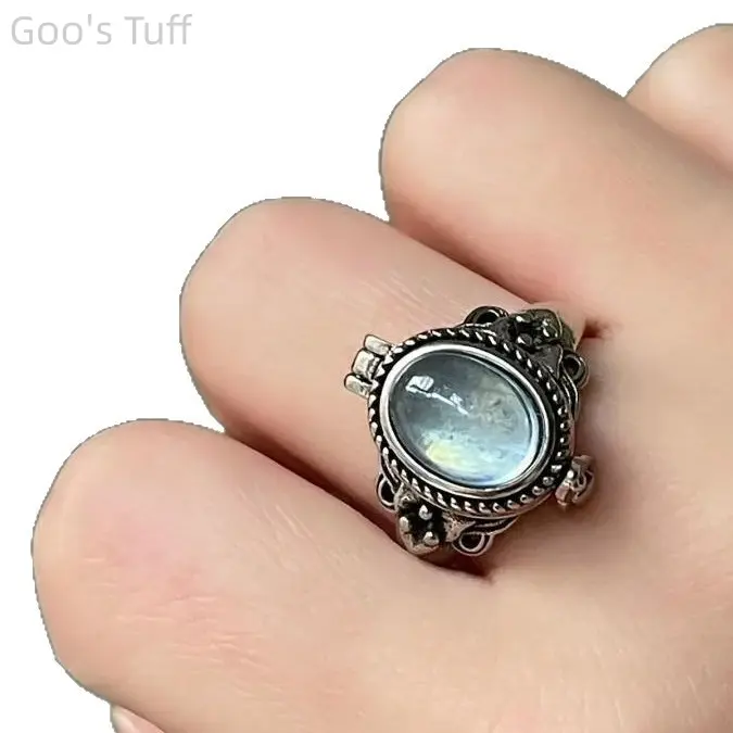 Adjustable Open Poison Ring Vintage Oval Light Blue Crystal Filigree Hidden Compartment Antique Silver Statement Ring For Women Hypoallergenic Luxury Minimalist Jewelry Daily Renaissance Party Casual Outfit Accessories