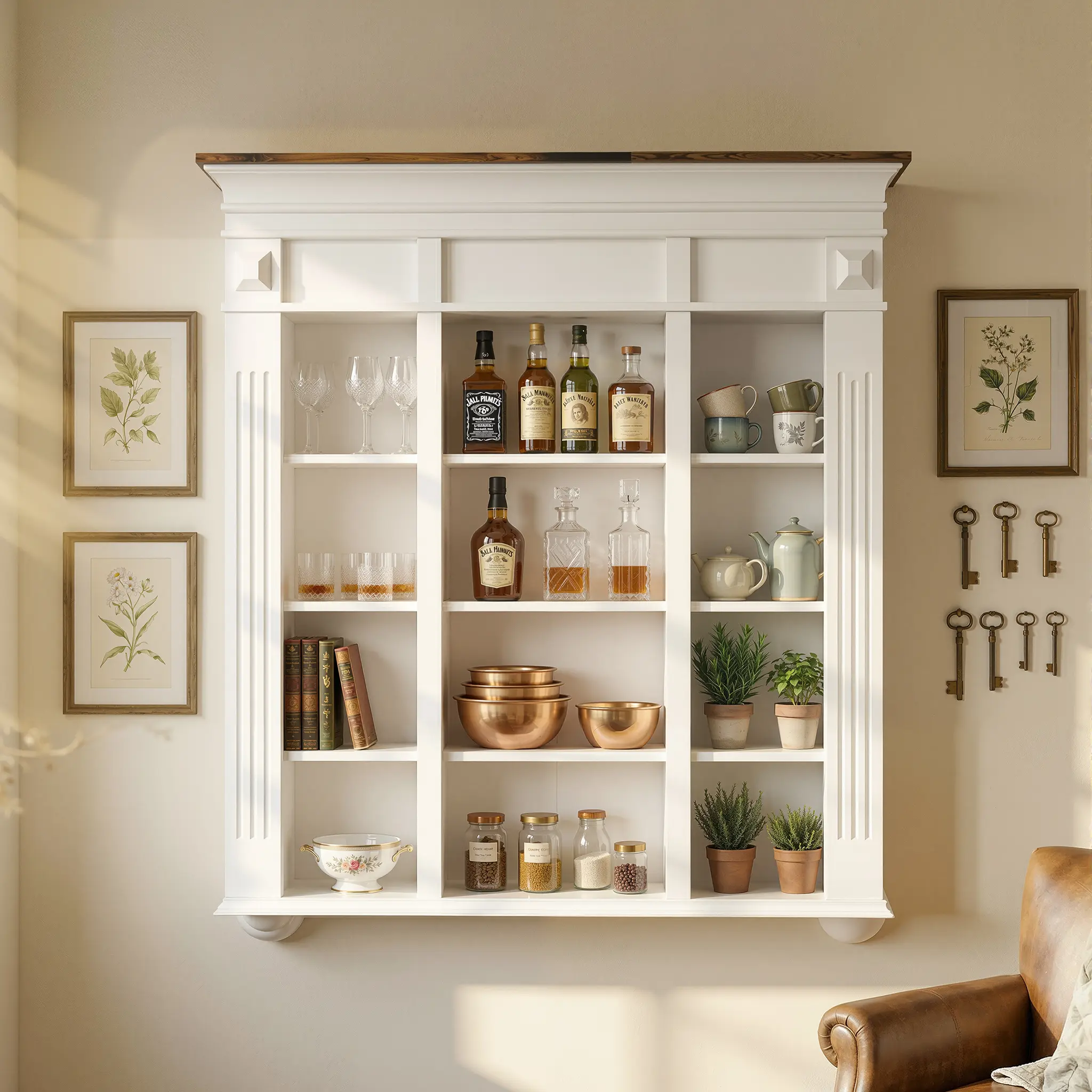 FUFU&GAGA White Wood Wall-Mounted Storage Cabinet, 47.2" W x 7.9" D x 48.8" H Farmhouse Rustic Unit with 12 Compartments, Raised Base & Vertical Slats for Kitchen, Dining Room, Bathroom, Wall Mount