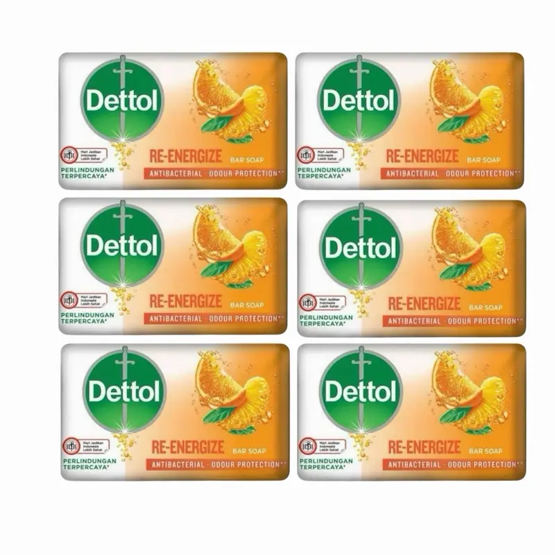Dettol Re-Energize Antibacterial Body Care Soap Bar, 3.5oz (100g) Moisturizing Hydrating Clementine Scent, Pack of 6