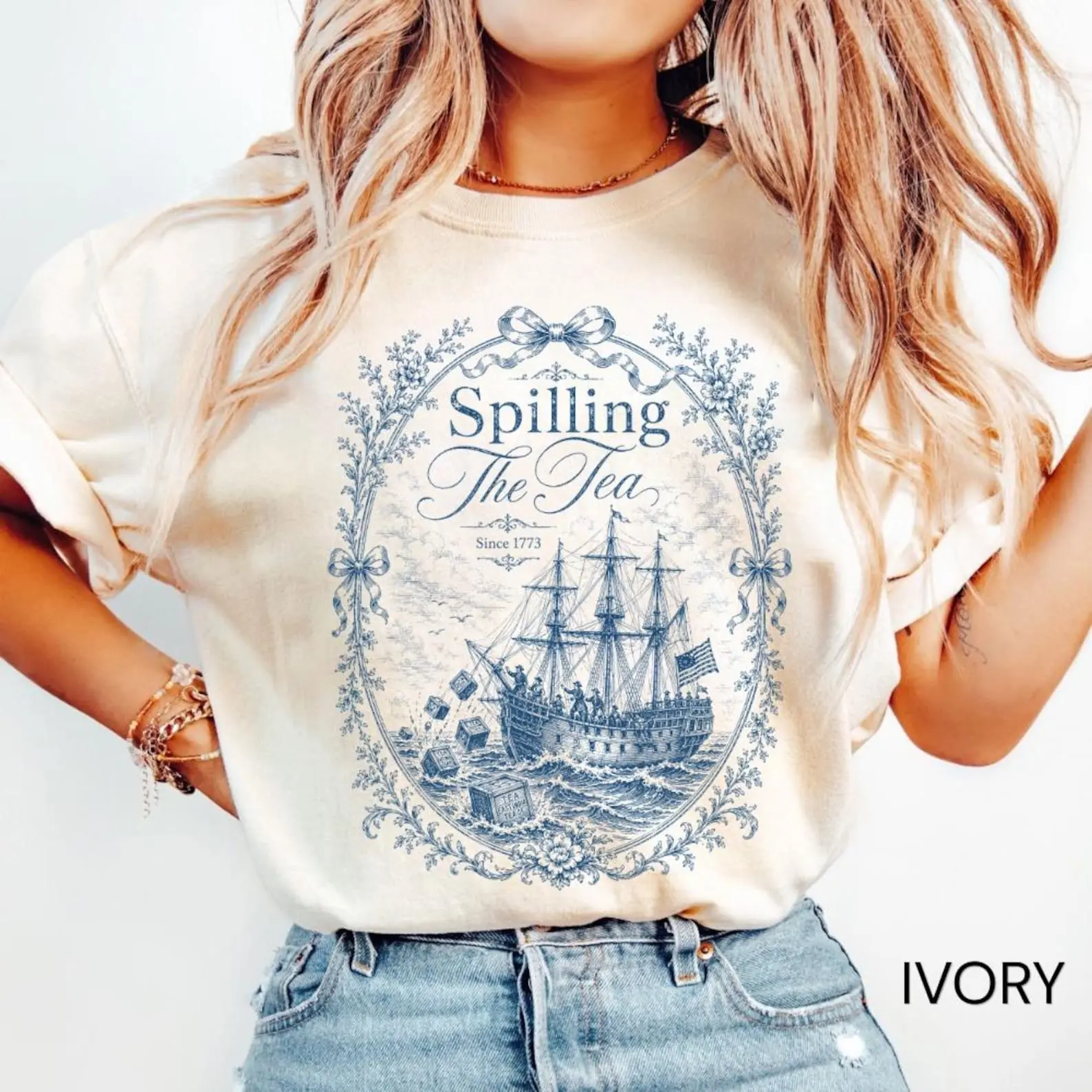 Vintage Blue Toile Spilling The Tea Since 1773 Shirt,4th of July Party TShirt, 250th Anniversary USA Patriotic Shirt, Independence Day Tee
