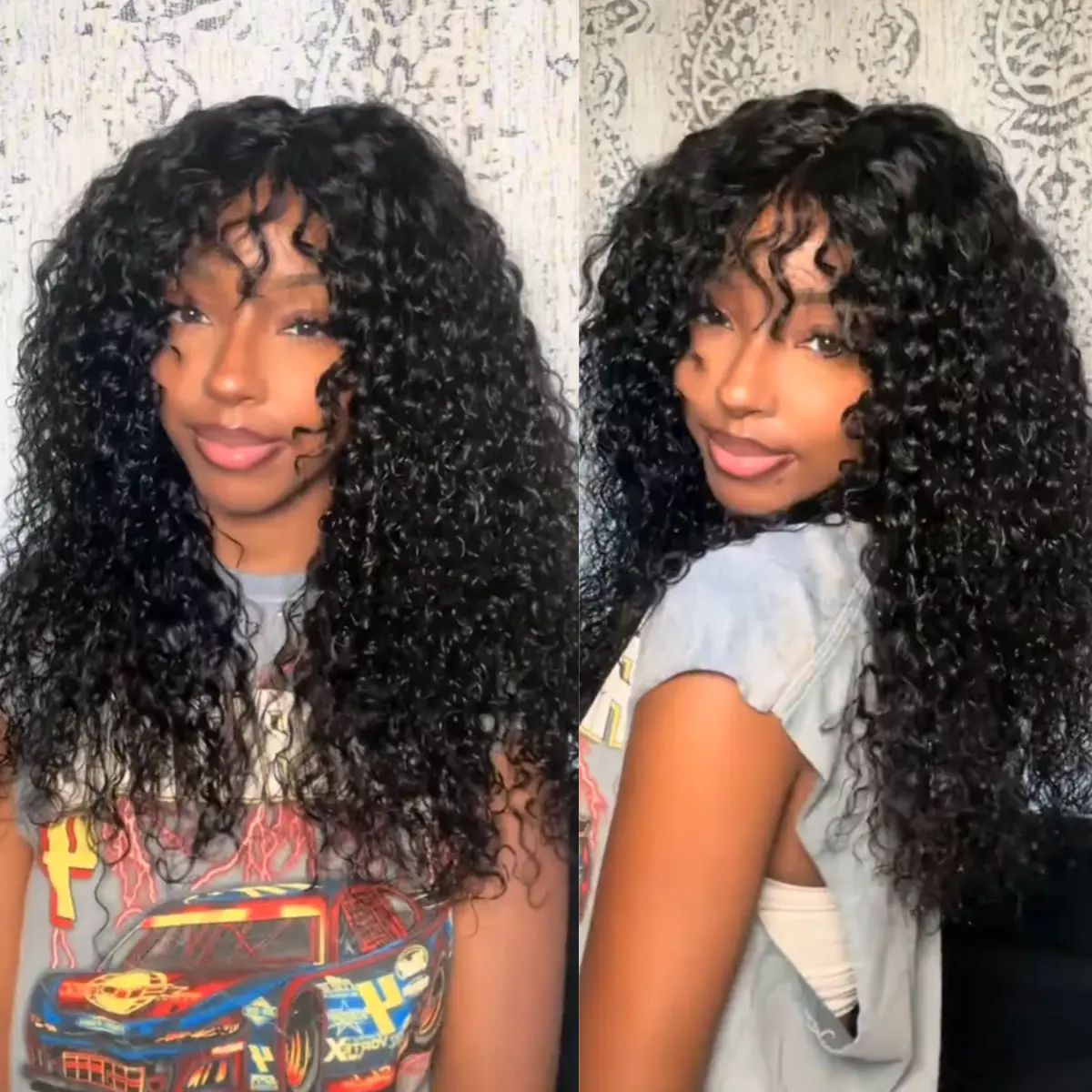 [NEW IN]Unice Boho Curly Human Hair Wig with Bangs 4X2 Lace T Part Effortless Shaggy Waves Glueless Pre-Styled Wig with invisi Drawstring