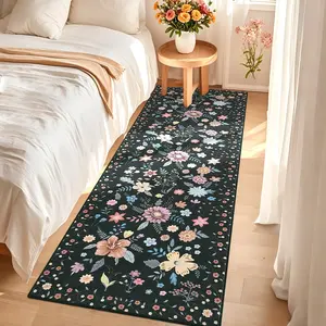 2x6 Kitchen Runner Floral Rug Runners for Hallway Bedroom,Soft Ultra-Thin Indoor Low Pile Flower Carpet with Non Slip Backing,Black