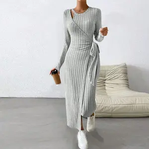 Knitted Long Sleeve Dress, Ribbed Texture Hollow Design, Waist Tie, Split Hem, Suitable for Commuting and Casual Wear in Various Scenarios