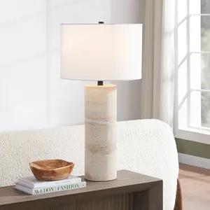 Hudson and Canal 29" Tall Natural Travertine Stone Table Lamp with Fabric Shade