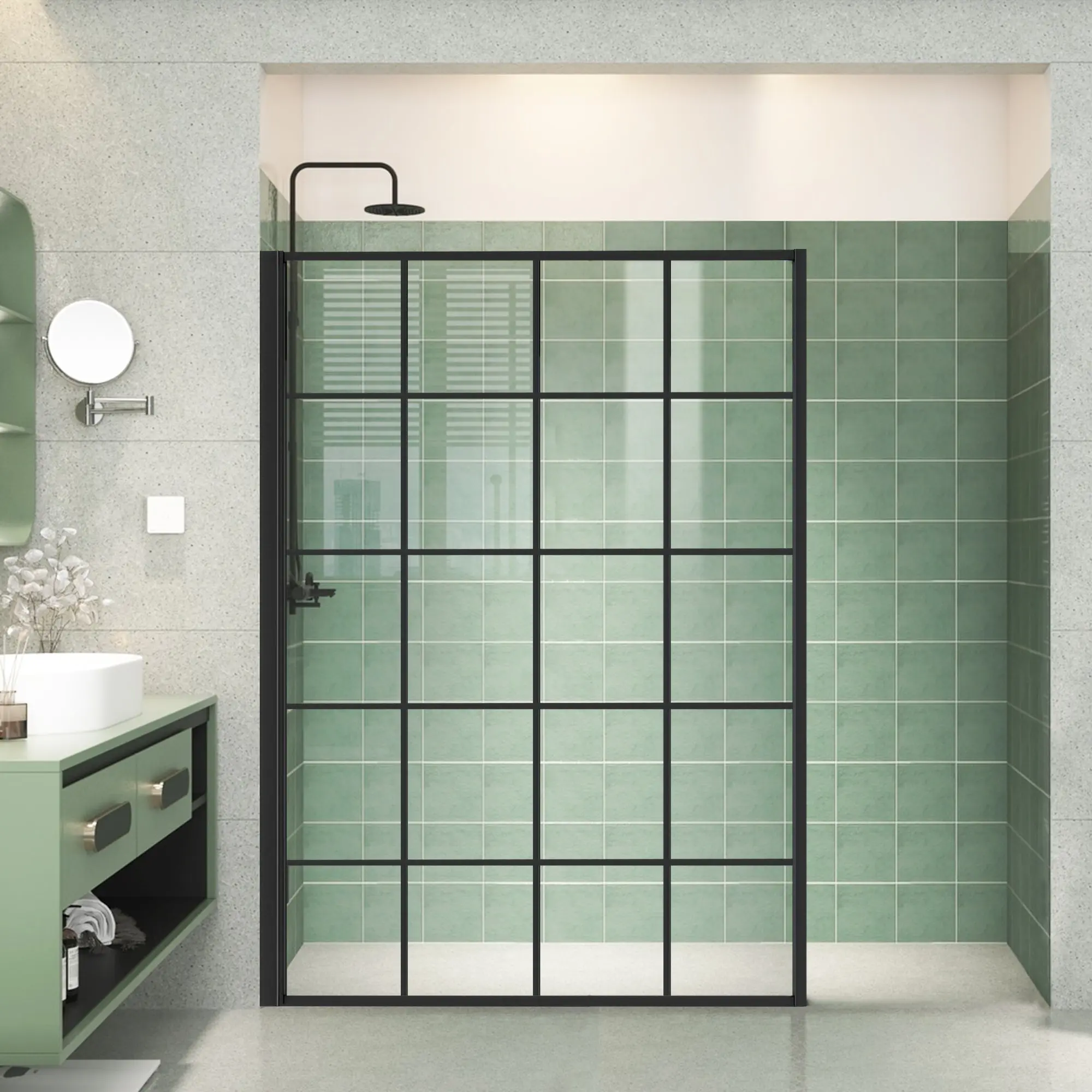 48" W x 74" H Walk-in Framed Grid Fixed Shower Panel with 5/16" (8 mm) Clear Tempered Glass, Matte Black