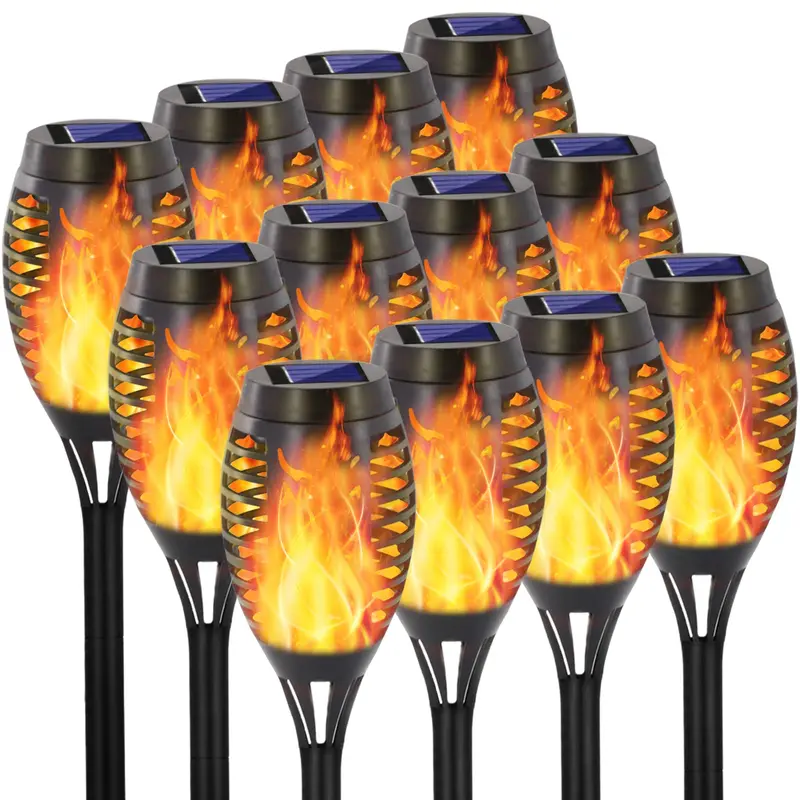 12-Light Yard Set Waterproof Solar Powered Flickering Flame Torch Lights, Cordless Auto Shut-Off Plastic Decor (13.8x8.5x5.9in), Outside Yard Lanterns for Lawn Patio Halloween Accents