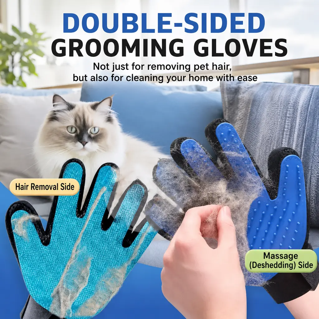 Pet Grooming Gloves, Upgrade Version with Enhanced 255 Silicone Grooming Tips, Hair Remover Mittens for Dogs & Cats, Bath Brush, 2-in-1 Deshedding & Massage Mitt, 5-Finger Flexible Design, for Bathing & Grooming, Safe for Long/Short/Curly Hair Pets