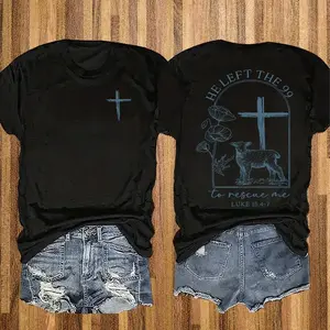 Women's Cross and Sheep Pattern Bible Story T-shirt, Bible Chapter, Solid Color Double-sided Printed Round Neck Short Sleeve T-shirt, Casual Printed T-shirt, Fashion Single Piece