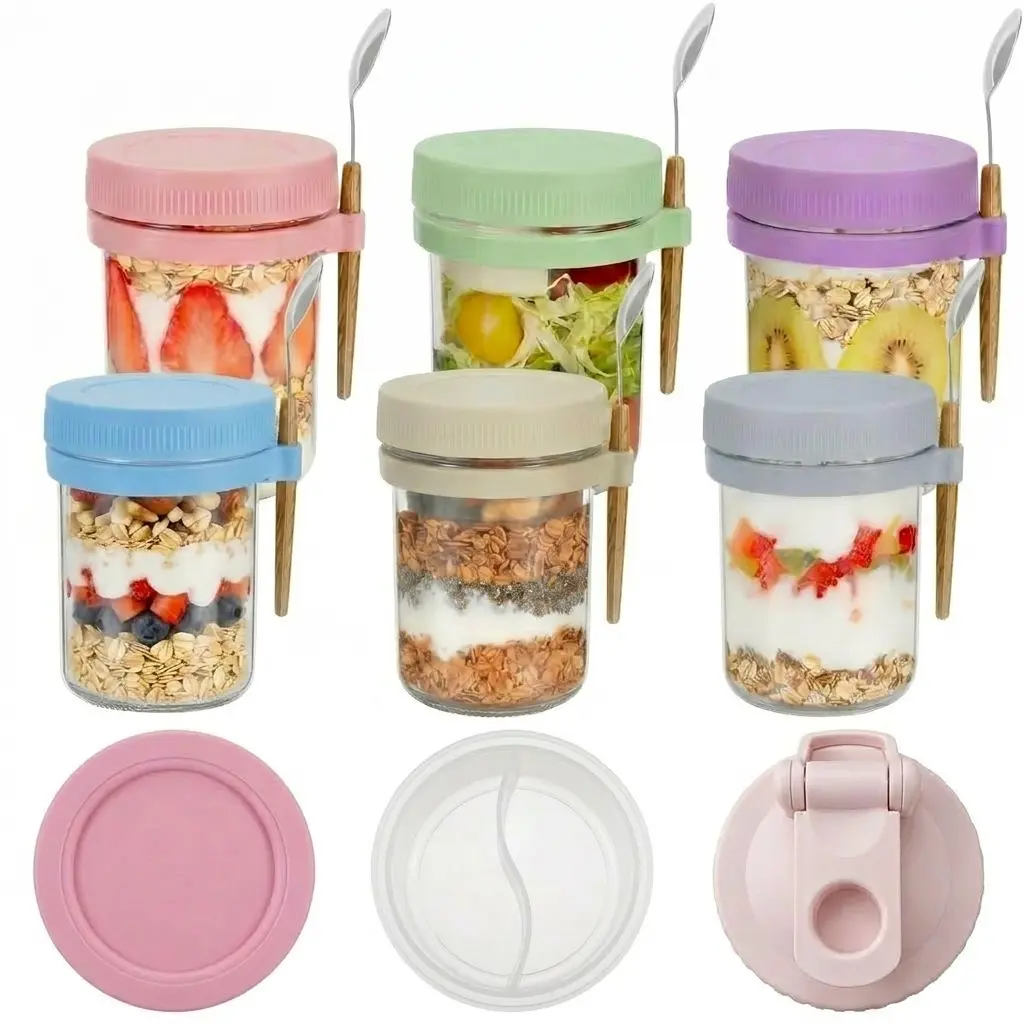Sturdy 16oz Airtight Leakproof Food-Grade Glass Overnight Oats Containers with Silicone Dividers, Lids, Spoons, Kitchen Accessories for Oatmeal, Yogurt Parfait, Portable Reusable Stackable Storage Canisters