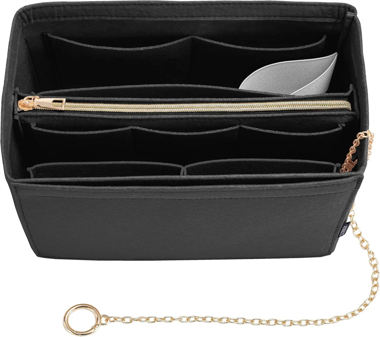 Purse Organizer Insert, Handbag Organizer with Zipper, Tote Shaper with Cup Holder & Keychain, Compatible with LV, Neverfull, MK, COACH, Longchamp, Kate Spade – Black-Lg