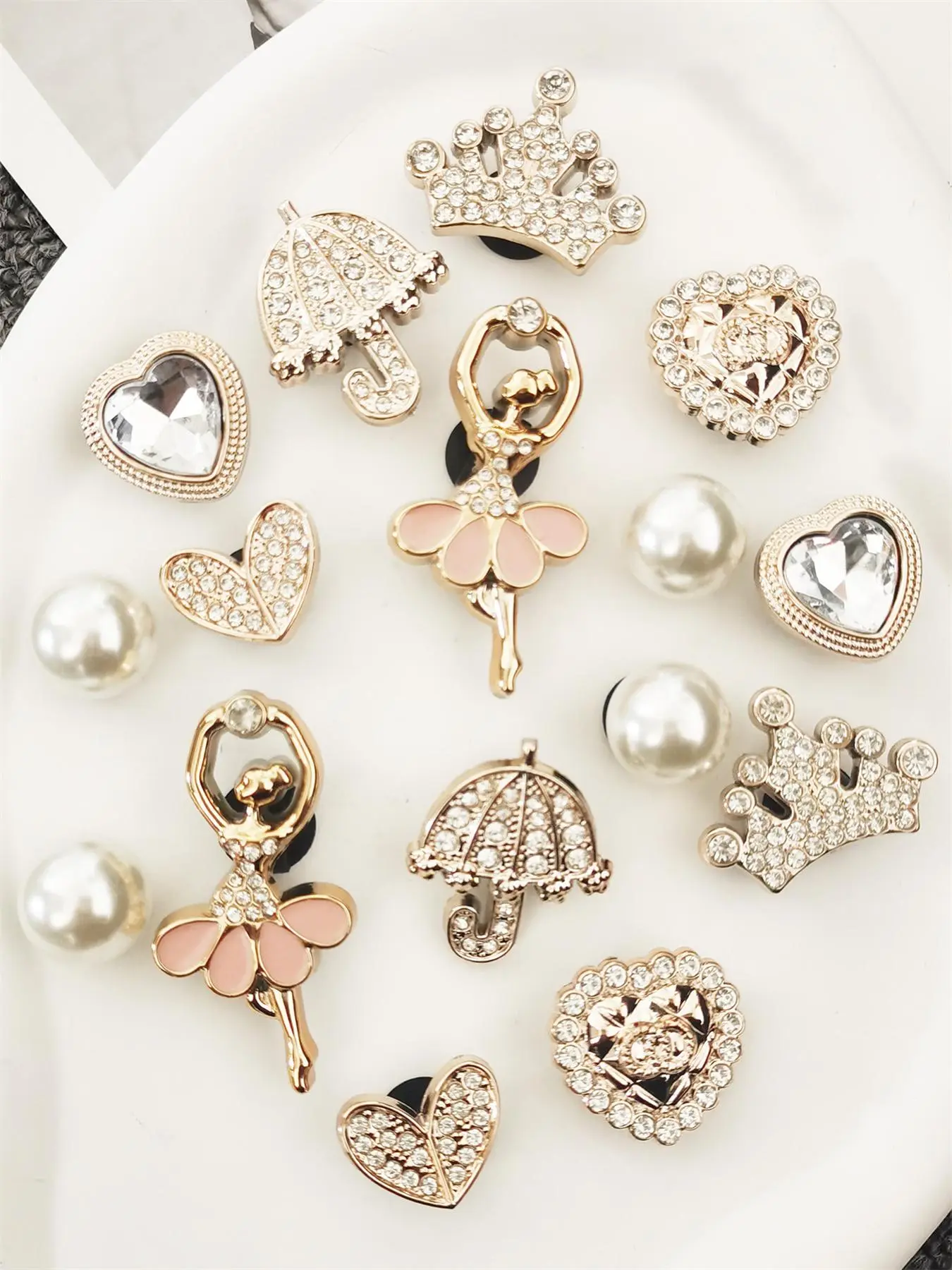 Faux Pearl & Rhinestone Decorated Bling Shoe Embellishment Set, Elegant Heart & Crown & Ballet Girl Design Shoe Decoration Charms, Fashionable Shoes Decoration for Women & Girls