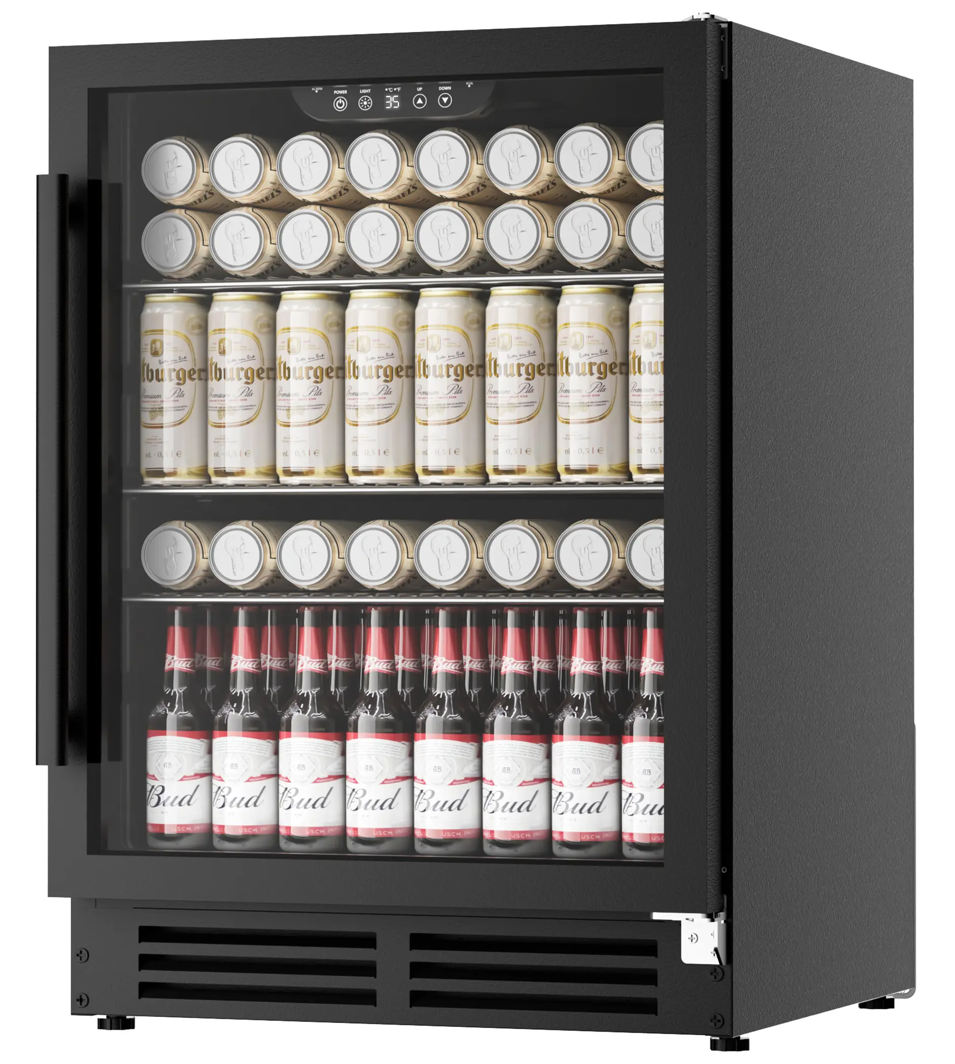 Coolake 24 Inch Wide Under Counter Beverage Refrigerator 180 Can Capacity with Glass Door Built in or Freestanding Drink Fridge for Basement Kitchen Office