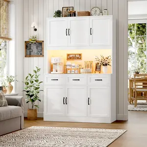 【2 packages shipping 】HOSTACK 72" Tall Kitchen Pantry Cabinet with Charging Station, LED Lights, 3 Deep Drawers, Modern Minimalist Design