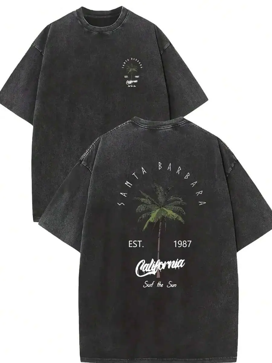 Vintage Santa Barbara California T-Shirt, Retro Washed Cotton Oversized Short Sleeve Tee, EST. 1987 Surf The Sun Palm Tree Graphic Casual Summer Top for Men Women