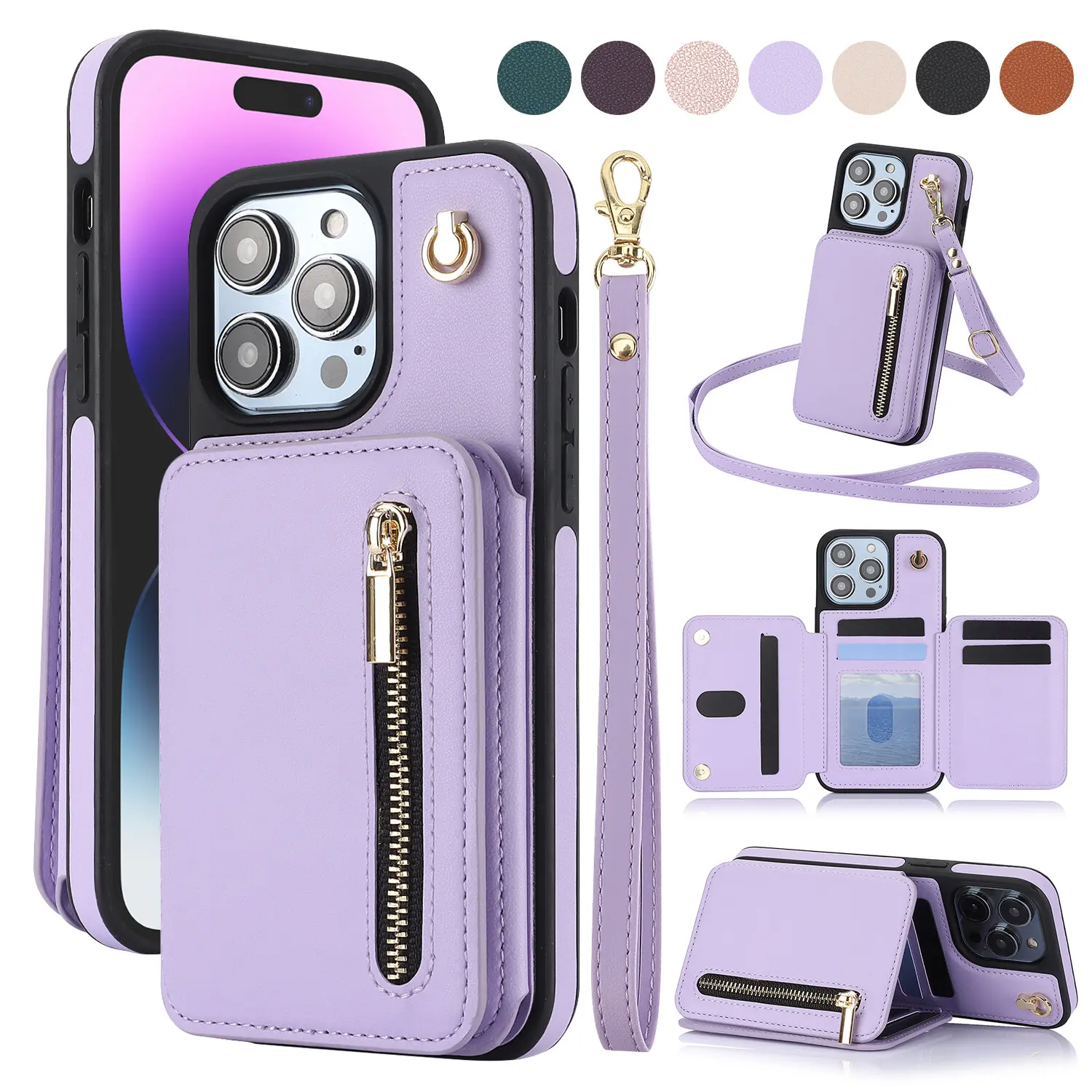 Lotosug Wallet Case for iPhone 17 Pro Max 16 15 14 13 12 11 PU Leather RFID Blocking Cash Holder Card Wallet Flip Stand Protective Cover Crossbody Lanyard Strap Wristband, Zipper Phone Case