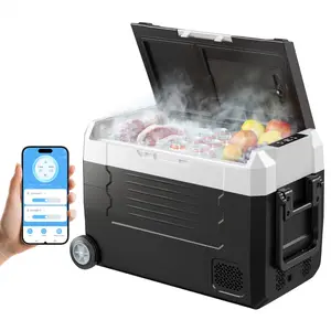 Car Refrigerator 12/24V DC And AC 100-240V Compressor Cooler, -4°F To 68°F Electric Truck Refrigerator With App Control, Wheels, Dual Zone, 37 Qt Portable Cooler For RVs Boats Camping Fishing