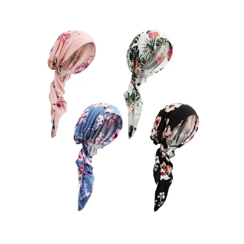 4-Pack Women's Pre-Tied Turban Headwraps, Ultra-Soft Breathable Elastic Beanie Cap for Hair Loss & Sensitive Scalp, Stylish Sleep Head Scarf Accessories
