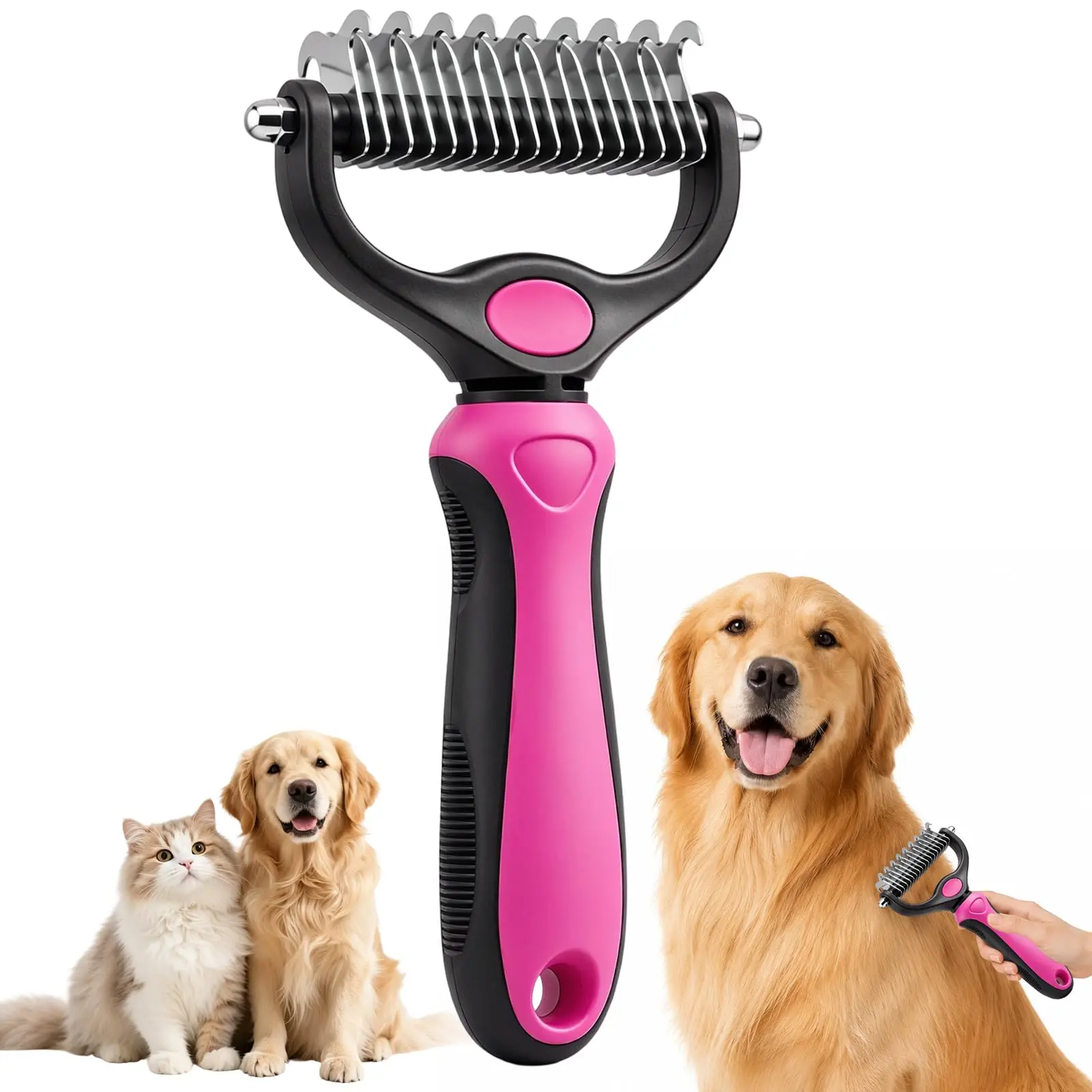 Undercoat rake for dogs and cats, dematting comb with extra-wide double-sided stainless steel teeth for detangling, deshedding, brushing, thinning, and removing shed fur, knots, mats, and tangles in pets