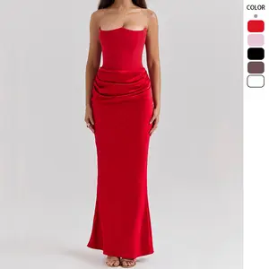2025 New Red Strapless Corset Sexy Slim Mermaid Tail Long Solid Color Dress Women Elegant Evening Gown