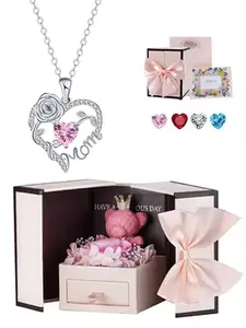 Rose Heart Mom Birthstone Necklace, Bear Rose Jewelry Box, Elegant Pendant Necklace, Stainless Steel Necklaces, Mother's Day Gift, Wife Gift, Grandmother Gift