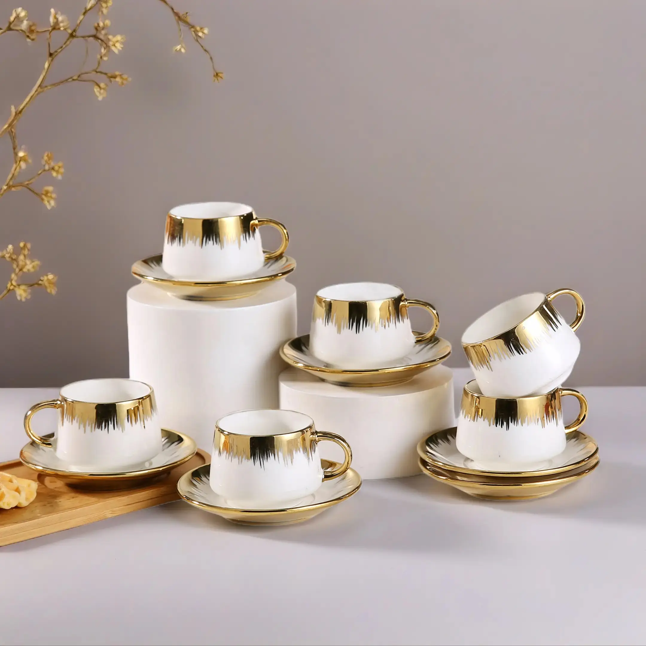3.5oz Simple Ceramic Petal Coffee Cup and Saucer Set, Ideal for Espresso, Home Gatherings, Afternoon Tea, Durable High and Low Temperature, Aesthetic Drinkware, Coffee Cups Gift