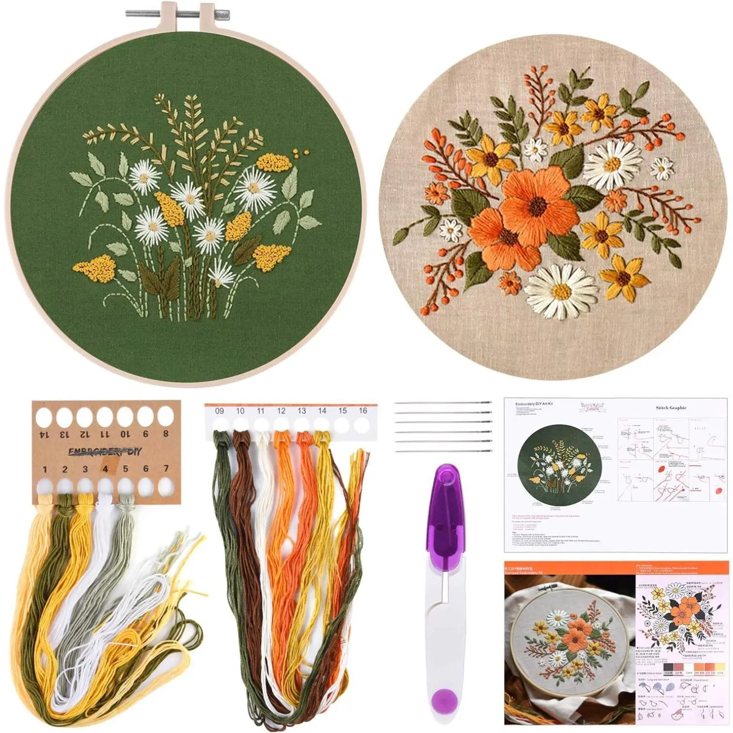 FEPITO Full Range DIY Cross Stitching Starter Kit (2 Sets) - 16cm & 20cm Plastic Hoops, Scissors, Thread, Chrysanthemum Patterns, 2 Pcs Embroidery Cloth for Beginners, Crafts Gift, Diy Kit, Embroidered Design