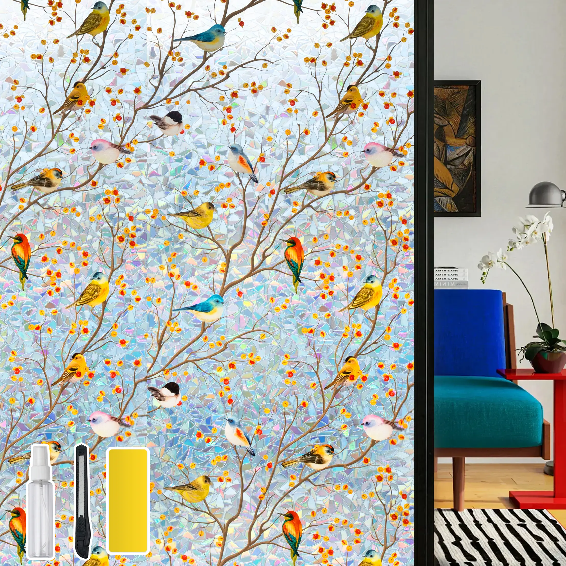 DKTIE 17.7" x 78.7" Rainbow Bird Resting Pattern Stained Glass Decorative Privacy Window Film, Anti-UV & Heat Blocking, Easy Install Electrostatic Cling, Deliver installation tools