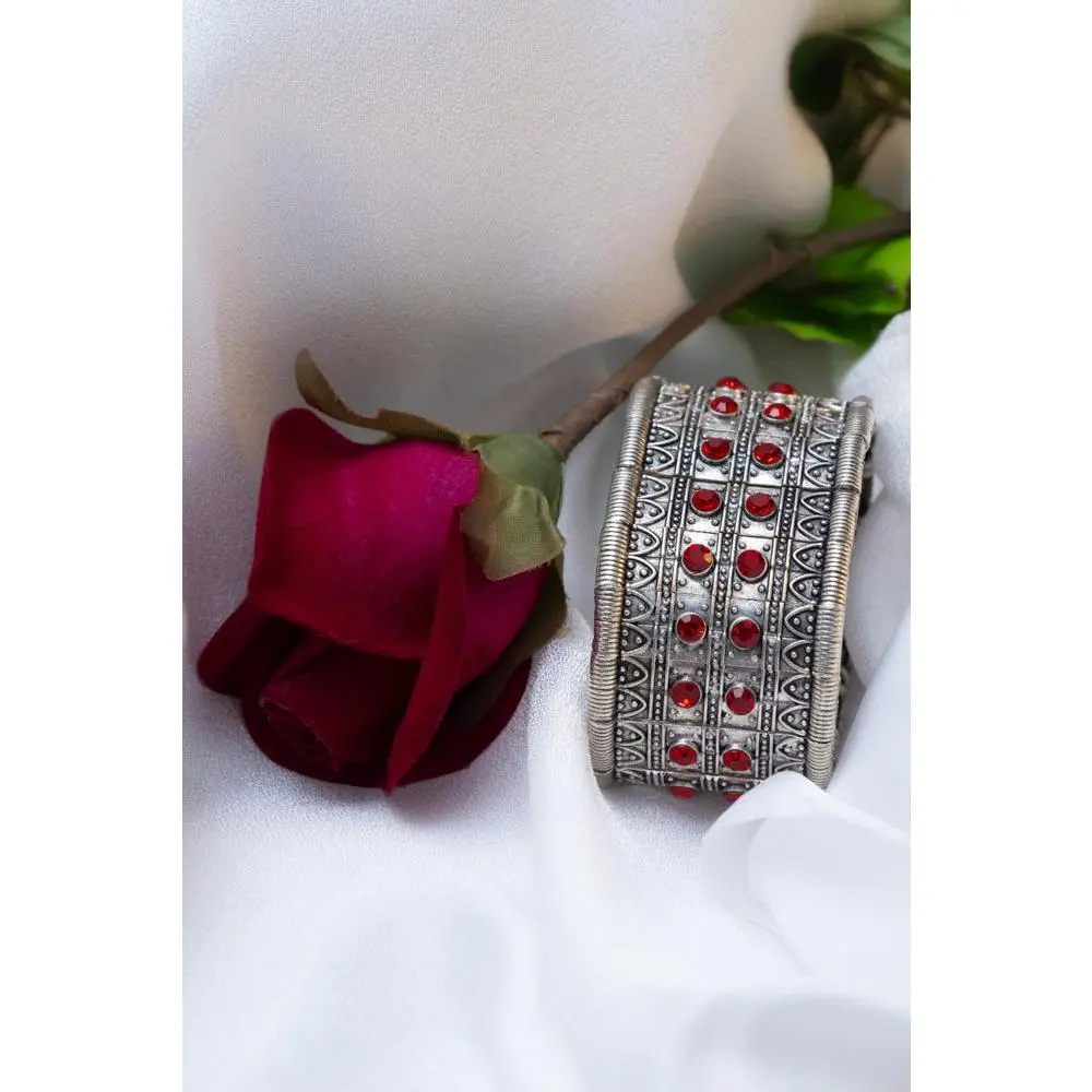 Silver Hand Cuff with Red Stones and Elastic Flexibility